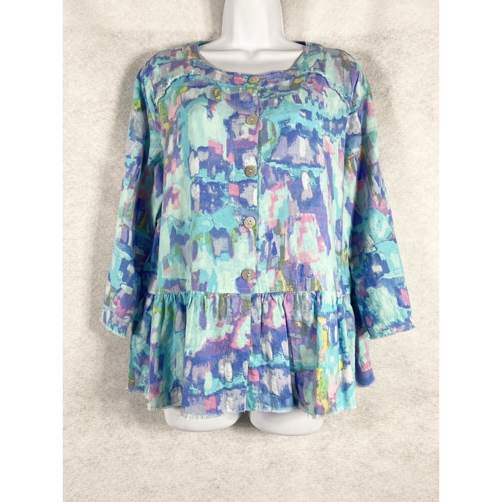 Ali Miles Top Women's Large Blue Button Up Tiered Linen Blend Coastal Chic Art
